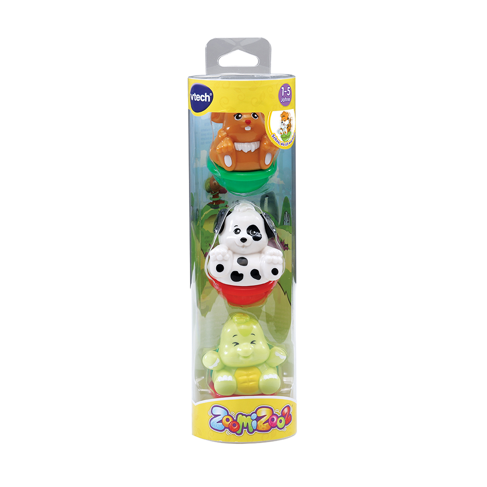 Spielzeugset mit drei bunten Tierfiguren in einer transparenten Verpackung.
