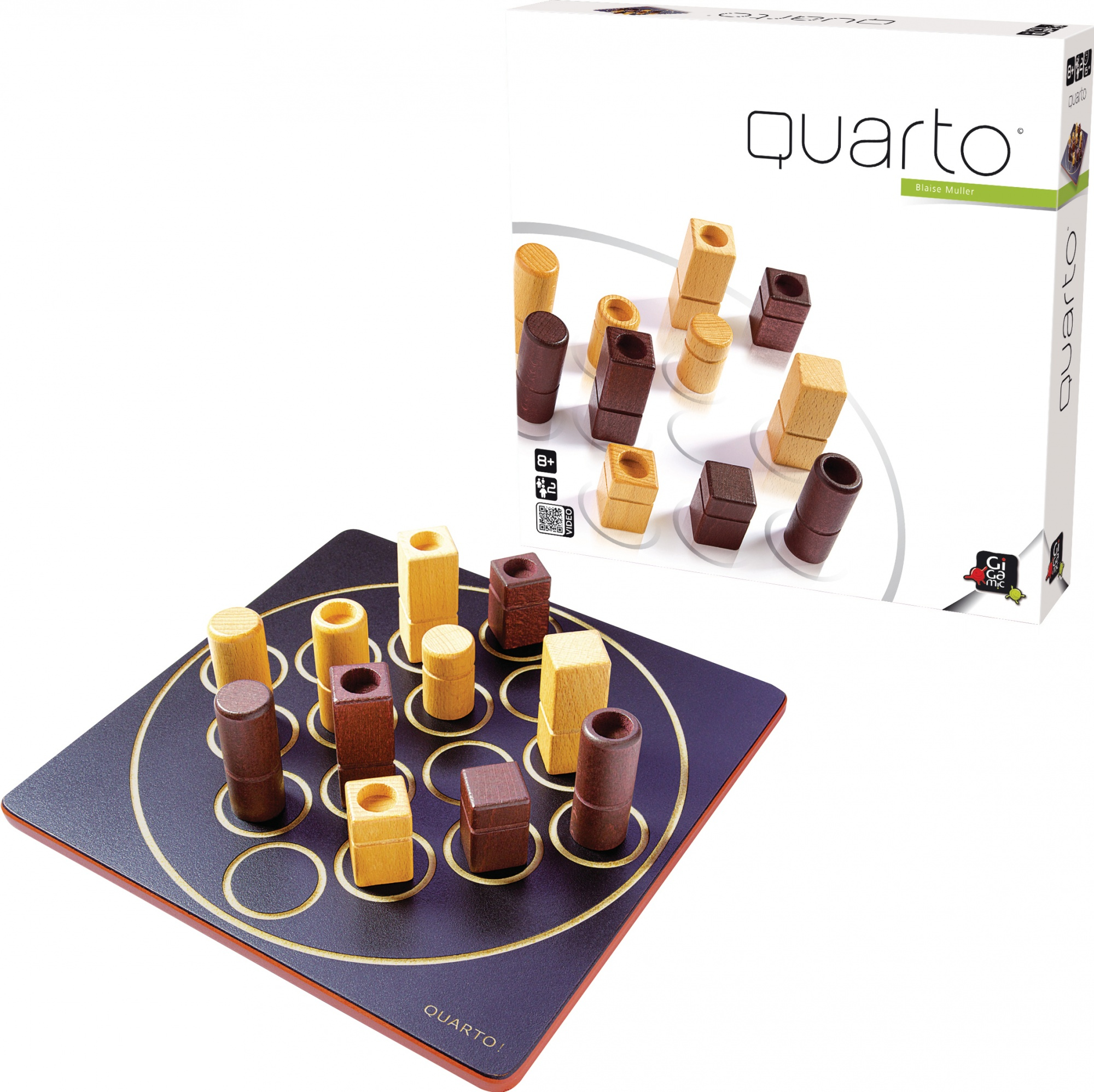 Quarto-Brettspiel, bei dem das Spielbrett und die Spielsteine ​​sichtbar sind, zusammen mit der Schachtel.
