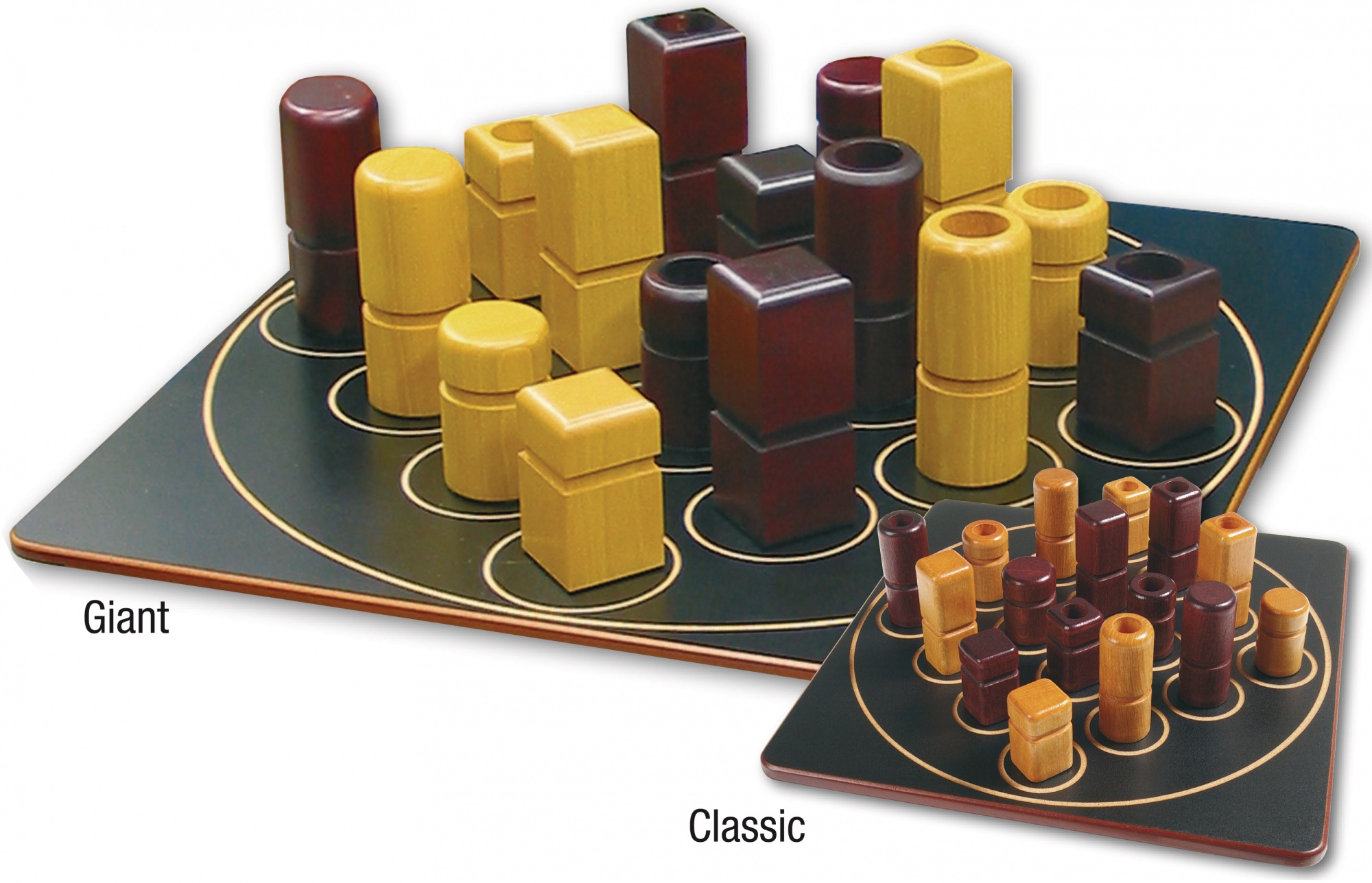 Ein Brettspiel mit Holzfiguren in zwei Größen. Das Spielbrett ist schwarz mit kreisförmigen Markierungen.