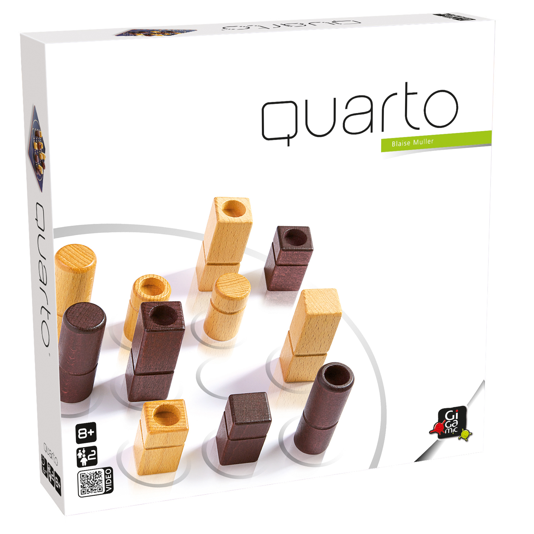 Eine Quarto-Brettspielbox mit Holzfiguren und Anweisungen, mit den Spielteilen ausgestellt.