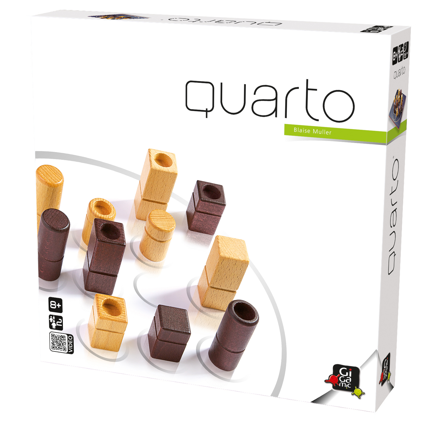 Quarto-Brettspielschachtel mit Spielsteinen, vor weißem Hintergrund.