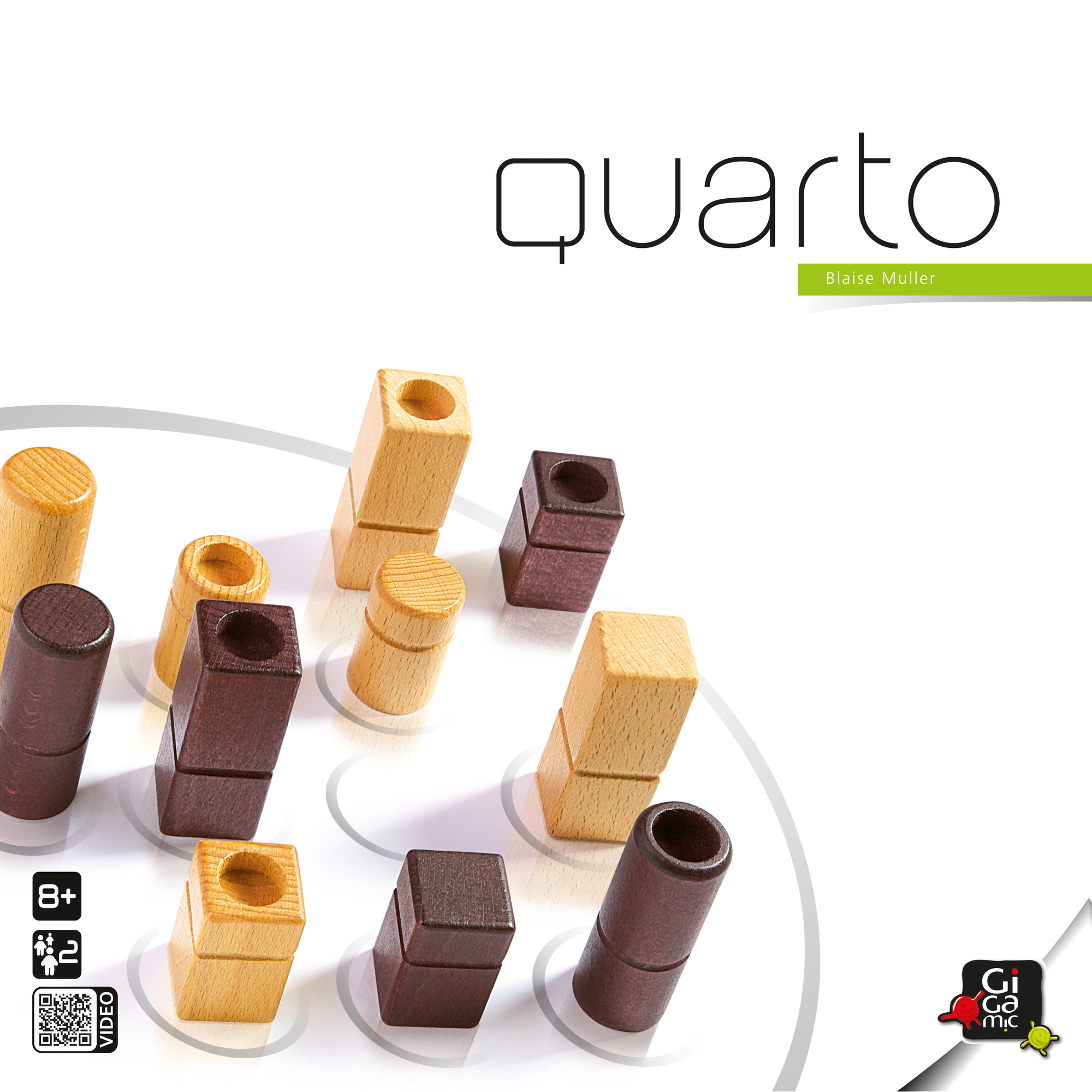 Die Quarto-Brettspielbox. Holzspielsteine sind auf dem Deckel abgebildet.