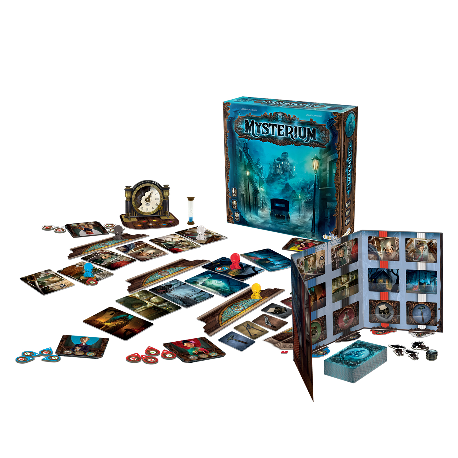 Mysterium Brettspielbox. Brett, Karten und Spielsteine sind ausgebreitet. Blau- und Türkistöne.