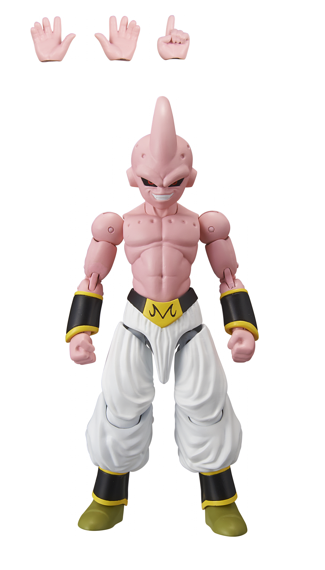 Figura rosa, molte mani e una testa. Pantaloni bianchi e dettagli neri. Faccia sorridente.