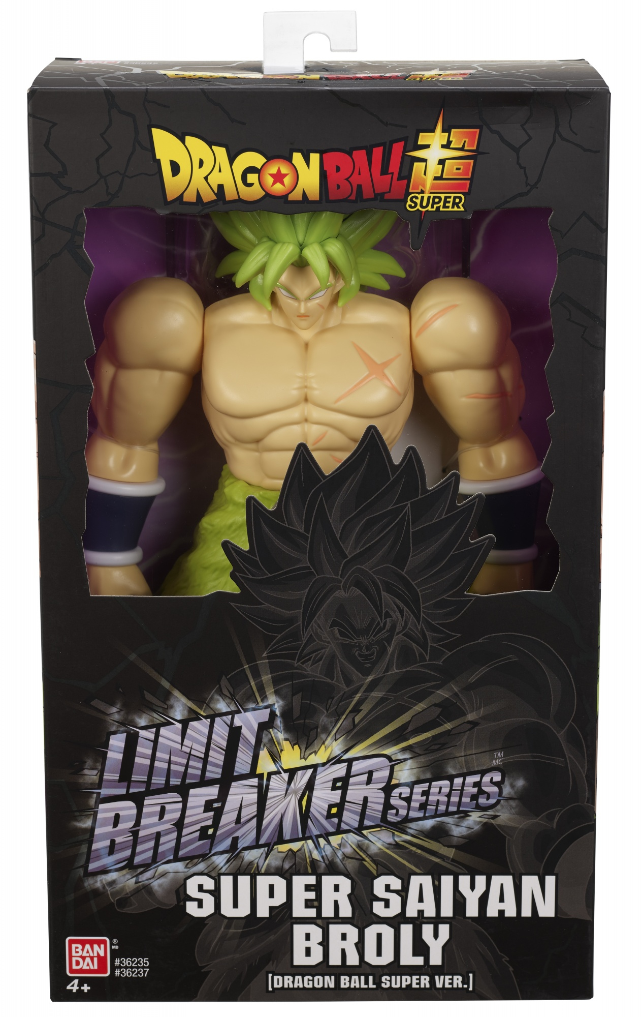 Dragon Ball Super Broly Actionfigur in einer schwarzen Box. Grüne Haare und muskulöser Körper sind sichtbar.