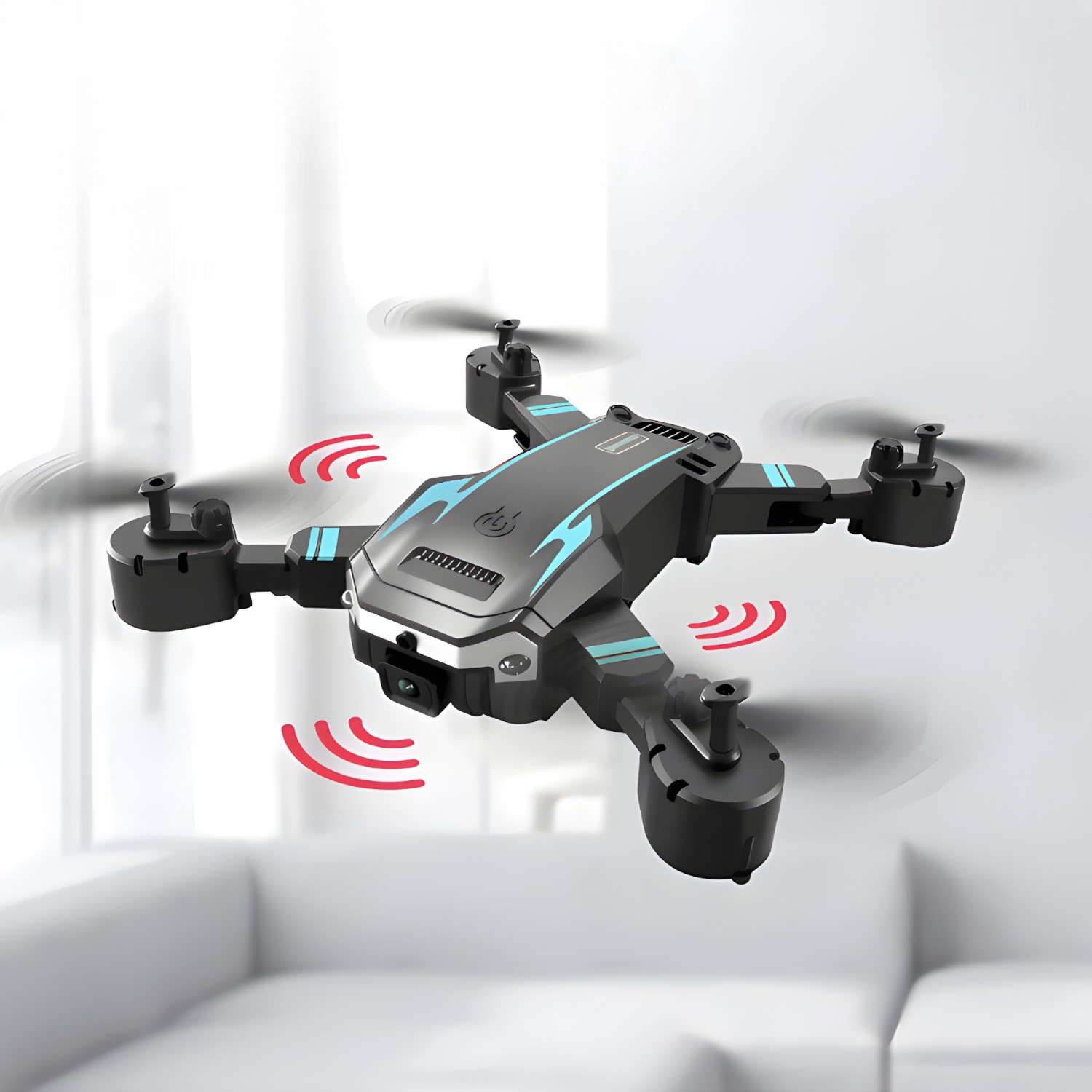 Dron volando sobre un sofá. Cuerpo negro con detalles azules y señales rojas.