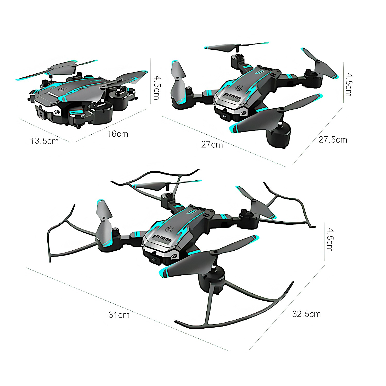Tres drones mostrados desde diferentes ángulos, con medidas. Son grises y negros.