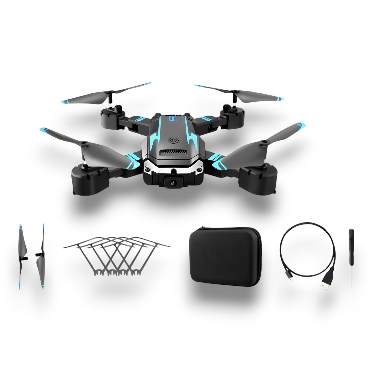 Dron negro con hélices y accesorios sobre fondo blanco.