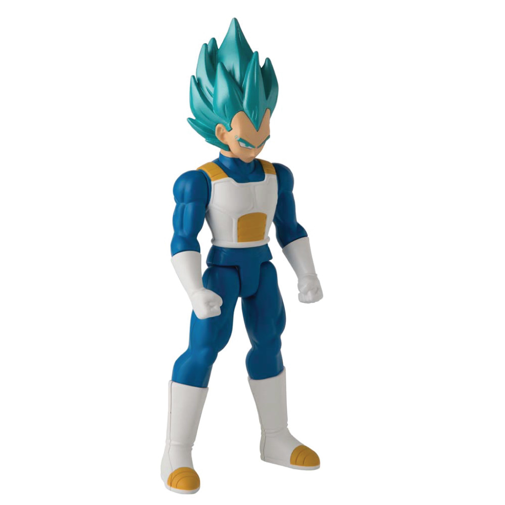 Figura de acción de Vegeta con atuendo azul y blanco, cabello verde azulado.