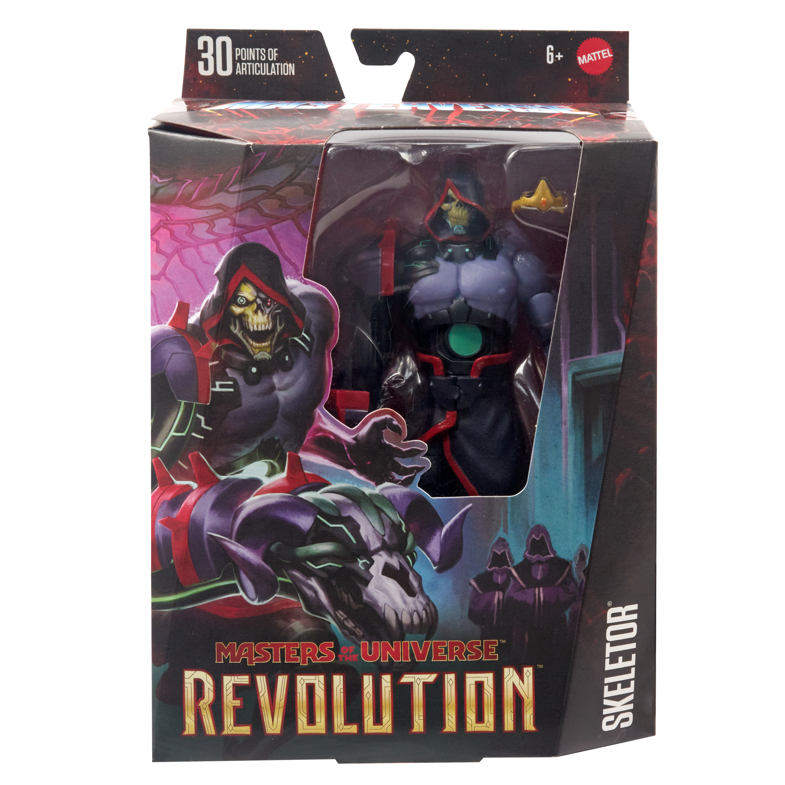 Pudełko z figurką w środku. Figurka ma twarz czaszki i czarną szatę. Kolory czerwony i fioletowy.