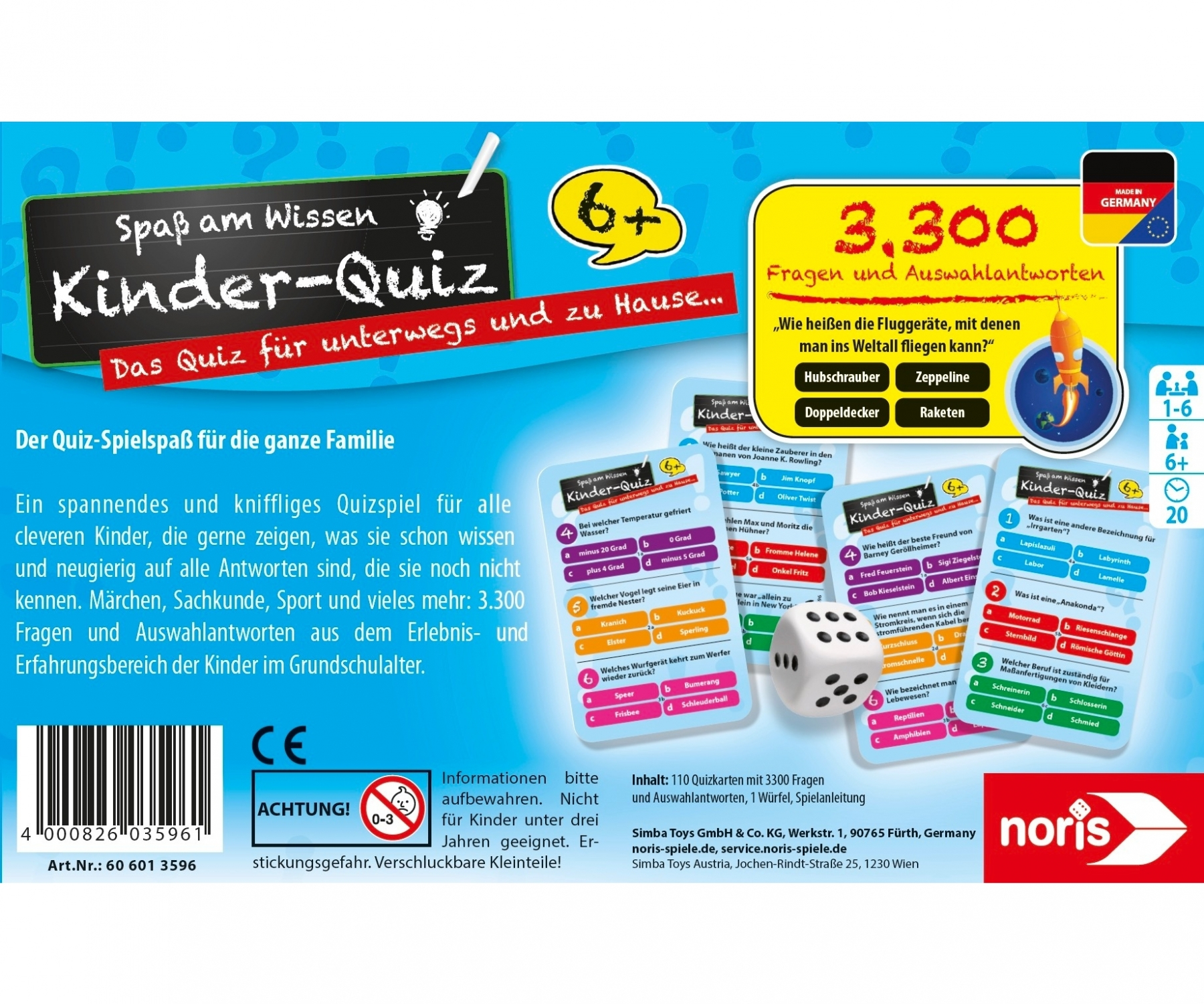 Eine farbenfrohe Quizspielbox mit Text in Deutsch und Englisch. Enthält Spielkomponenten.