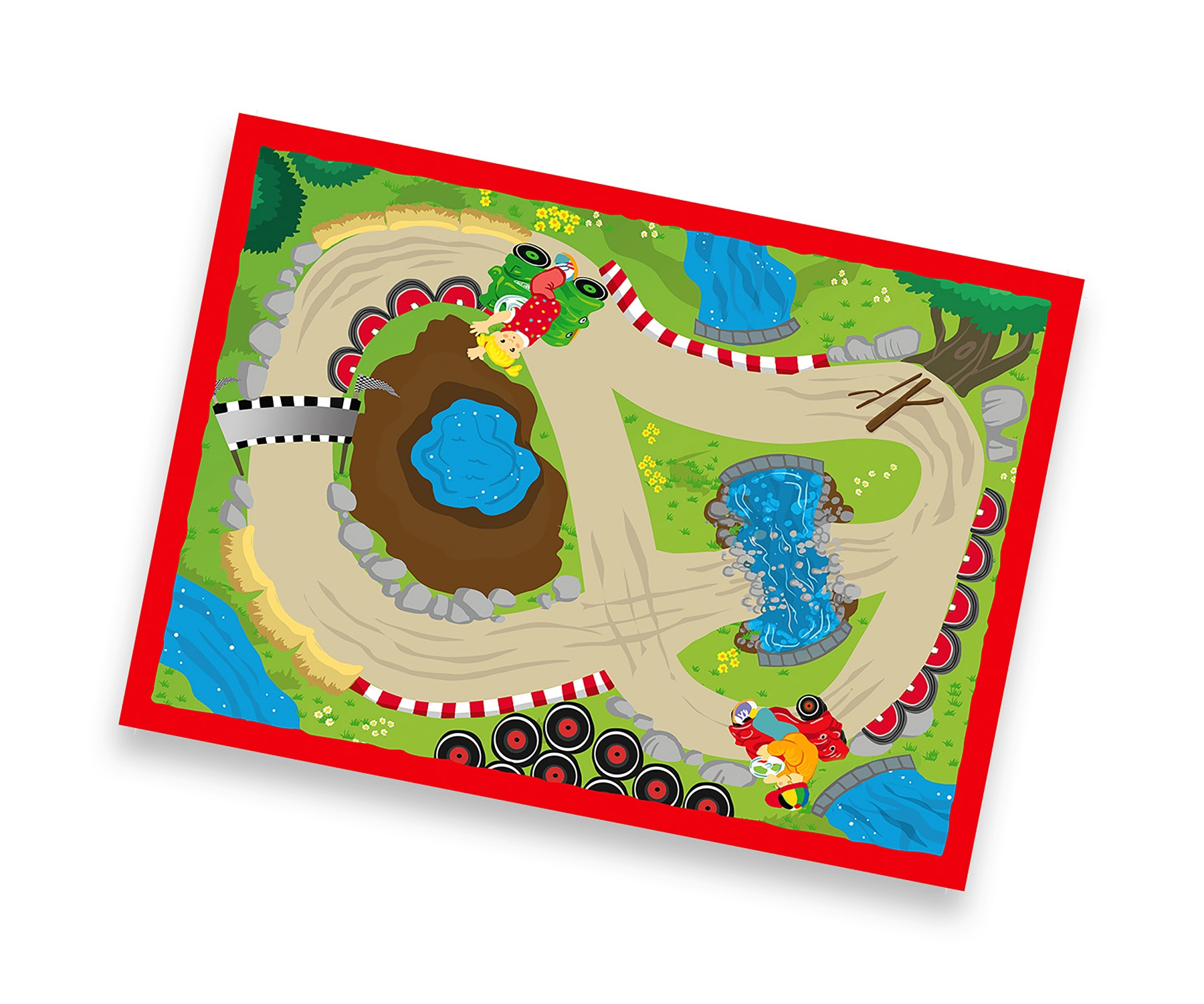 Spielzeug-Rennstrecke mit Autos. Die Strecke ist bunt mit Brücken und Landschaft.