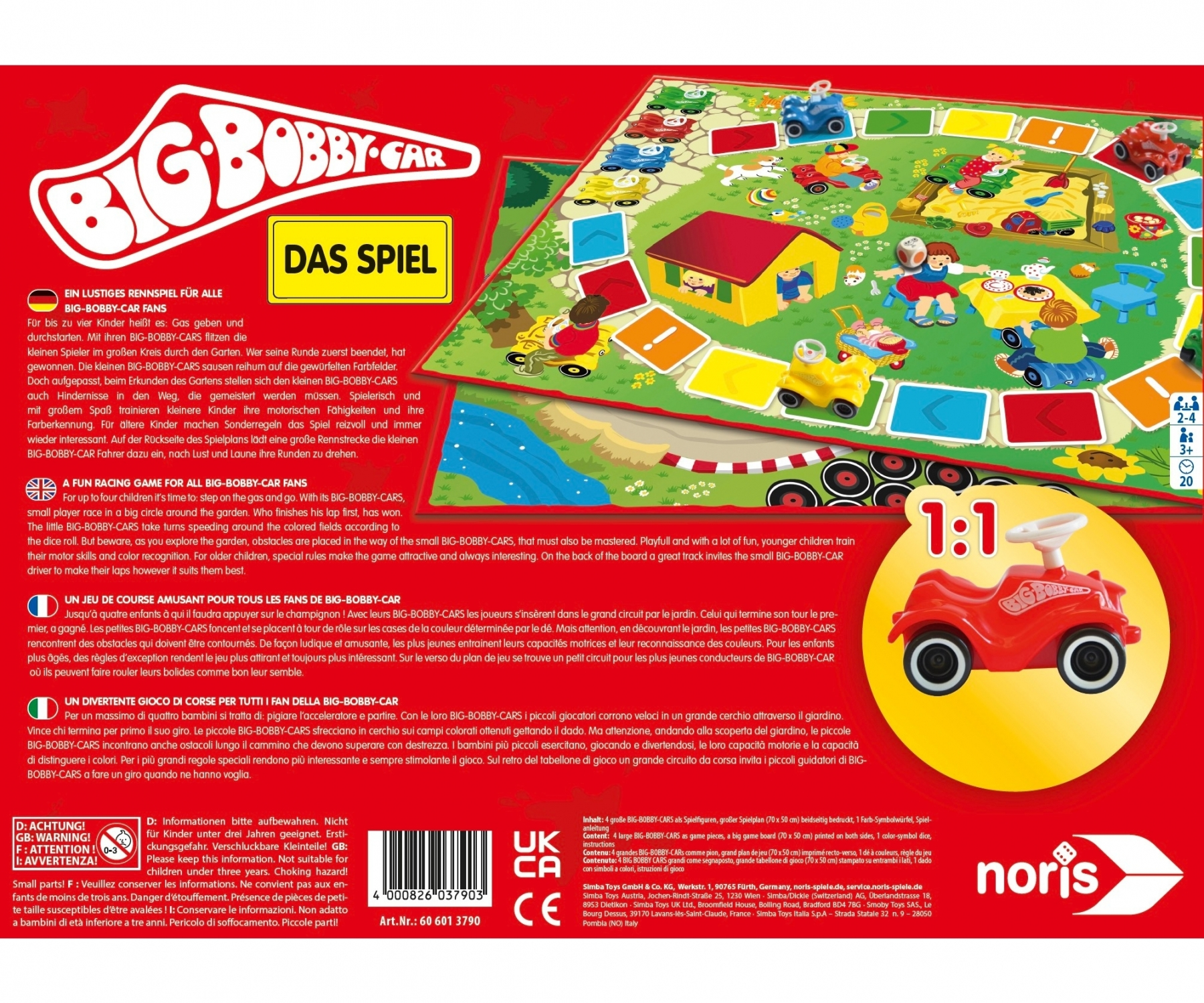 Rückseite einer Spielbox. Die Box ist rot, gelb und blau. Es zeigt ein Rennspiel mit Autos.