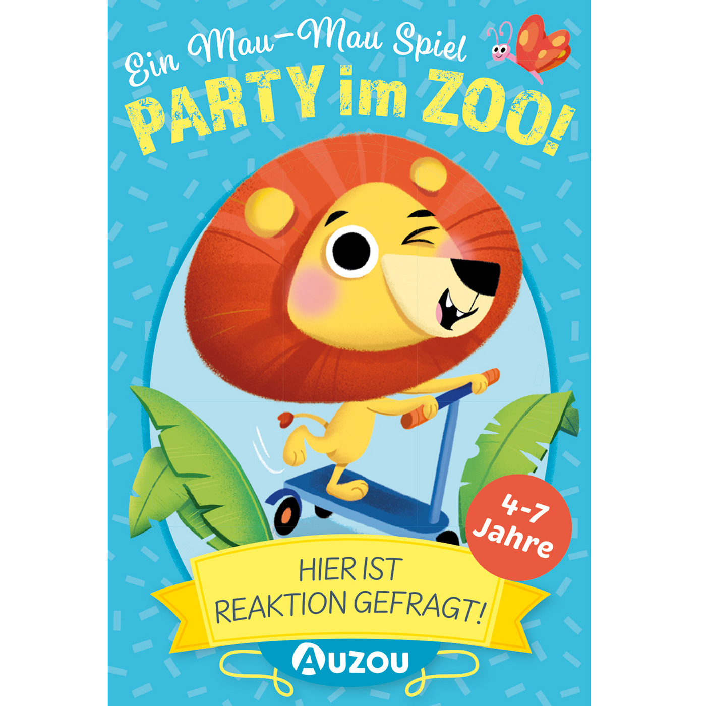 Jeu de société pour enfants avec un lion, un scooter et du texte. Bleu et blanc.