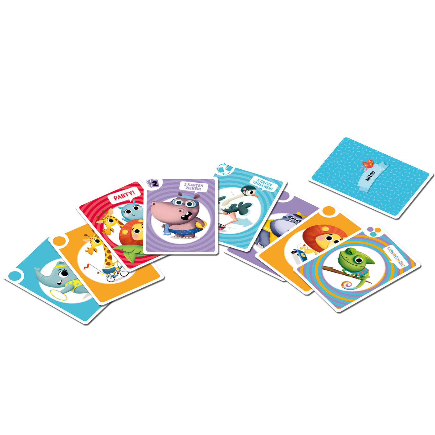 Un jeu avec des cartes colorées représentant des animaux de dessins animés, disposées sur une surface blanche.