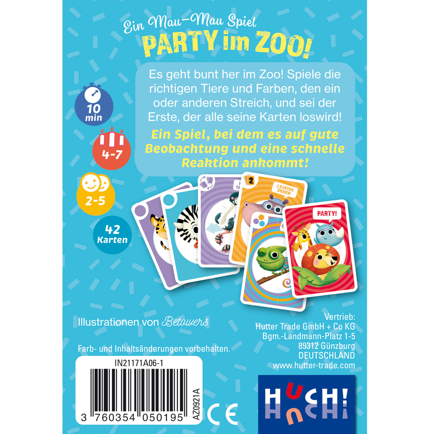Dos de la boîte de jeu de cartes Party in Zoo. Montre des cartes avec des illustrations d'animaux, texte en allemand.