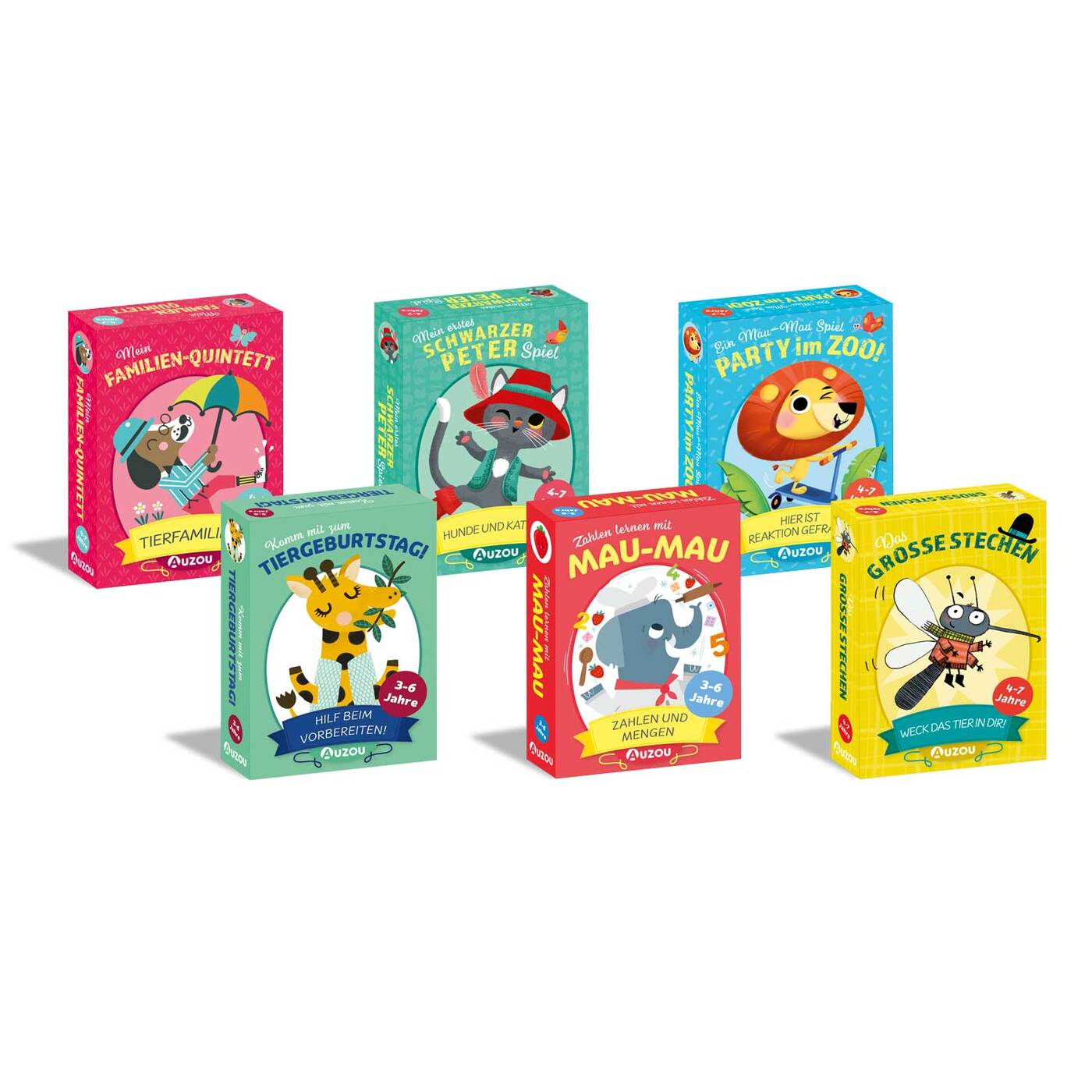 Eine Sammlung von Kinderspielkarten. Jede Box hat bunte Illustrationen und deutschen Text.