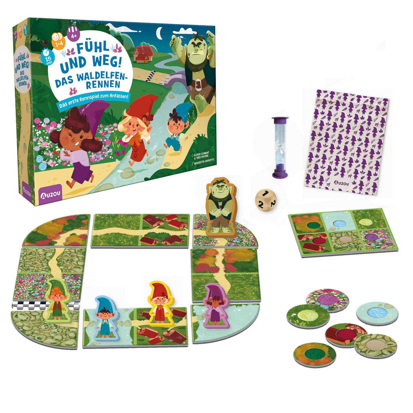 Ein Kinderspiel mit Spielsteinen, einem Timer und Karten, die eine Waldszene darstellen.