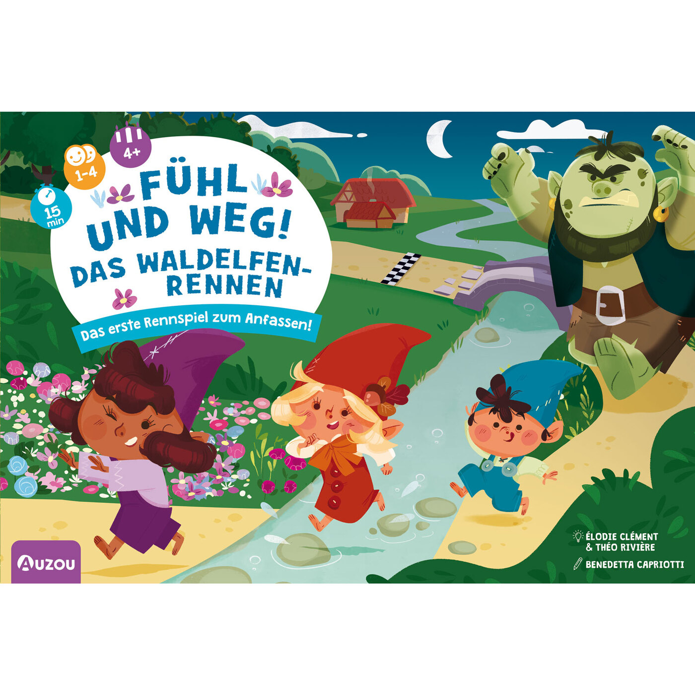 Kinderspielbox mit Zeichentrickfiguren. Das Spiel heißt 'Fühl und Weg! Das Waldelfen-Rennen'.