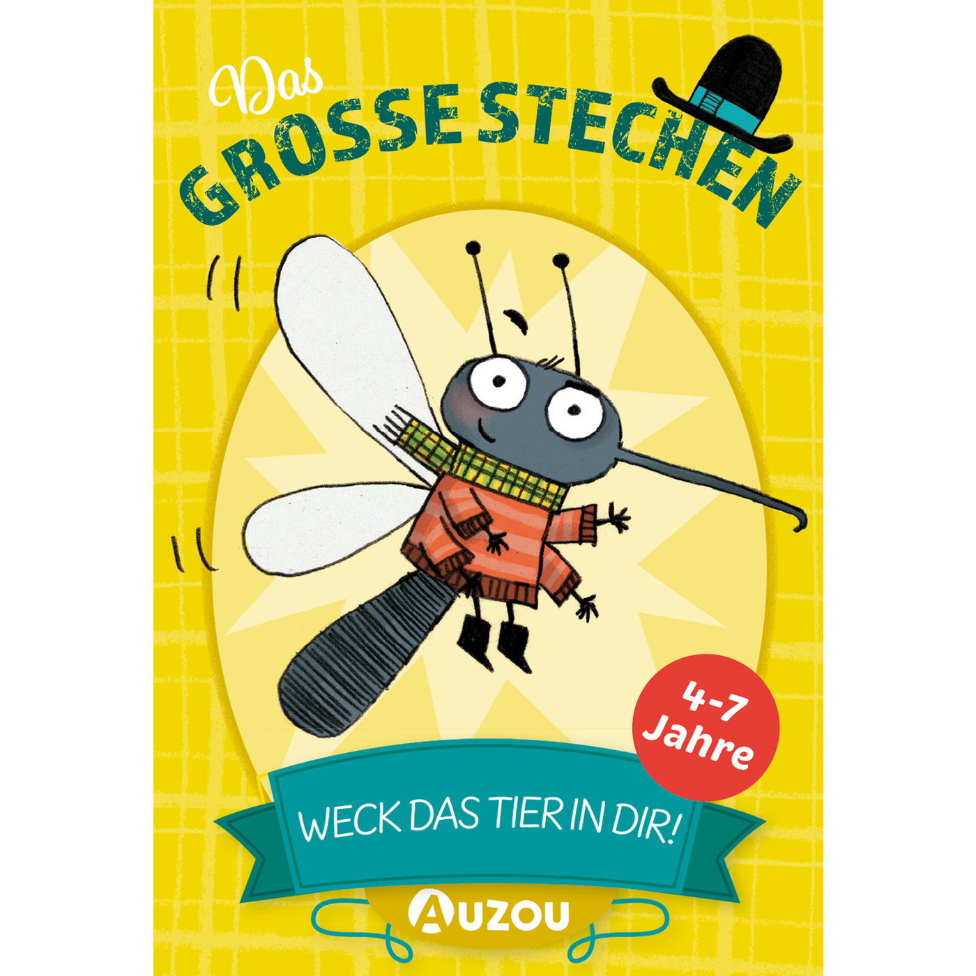 Illustration einer Zeichentrickmücke mit Schal und Pullover. Text: Das Grosse Stechen und 4-7 Jahre.