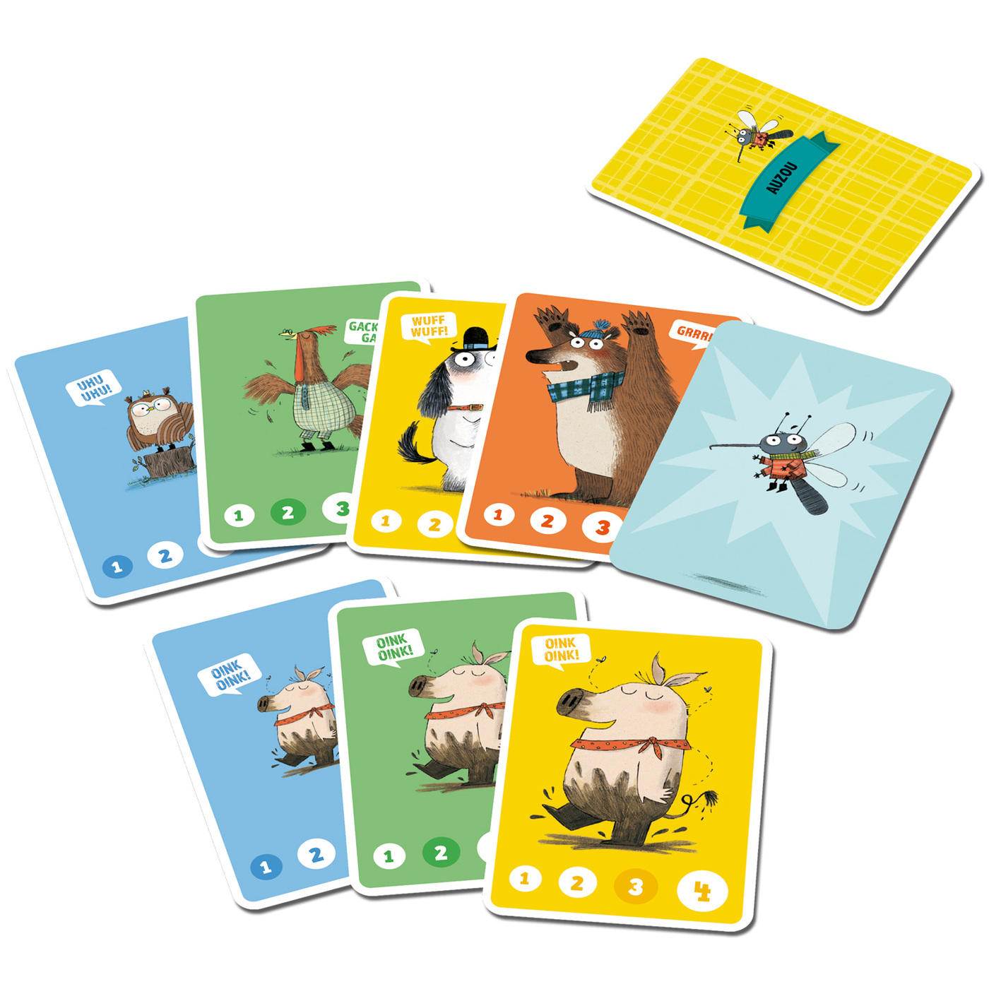 Spielkarten mit Tierillustrationen. Verschiedene Tiere und Farben. Gelbe Karte im Hintergrund.