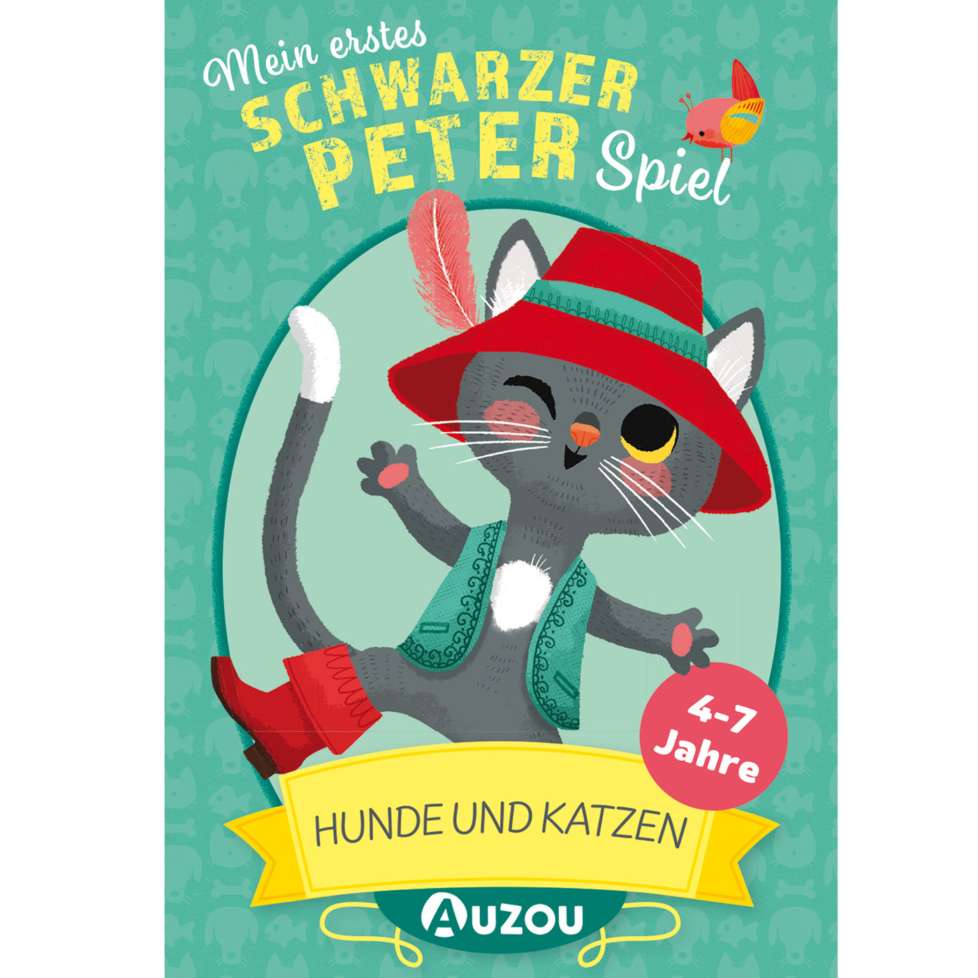 Ein Buchcover auf Deutsch für ein Kinderspiel. Der Titel lautet "SCHWARZER PETER Spiel". Katzenbild.