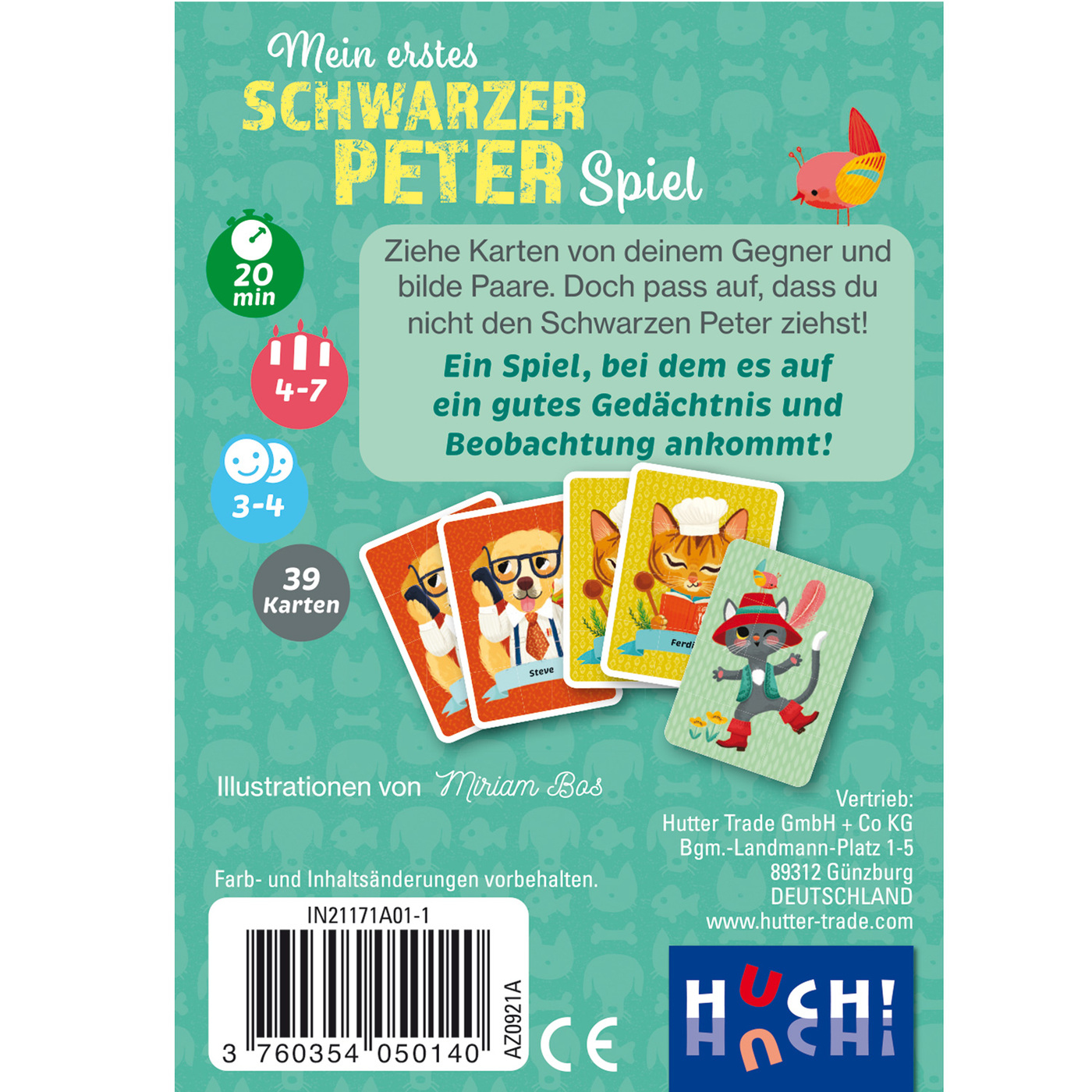 Rückseite einer Kinderkartenspielbox. Sie zeigt Anweisungen und Spieldetails.