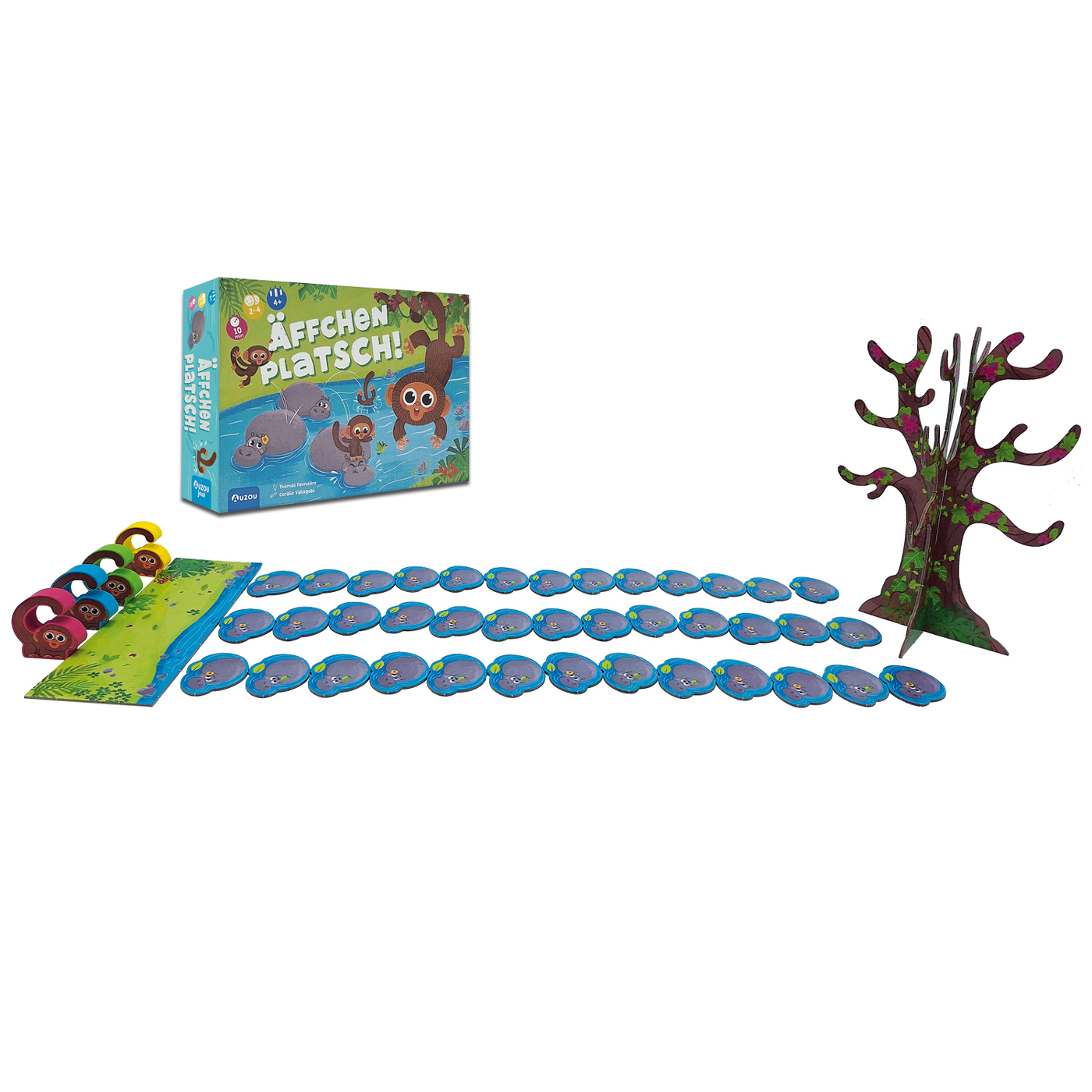 Jeu de société avec des singes, un arbre et des pions bleus. Une boîte montre les détails du jeu, sur fond blanc.