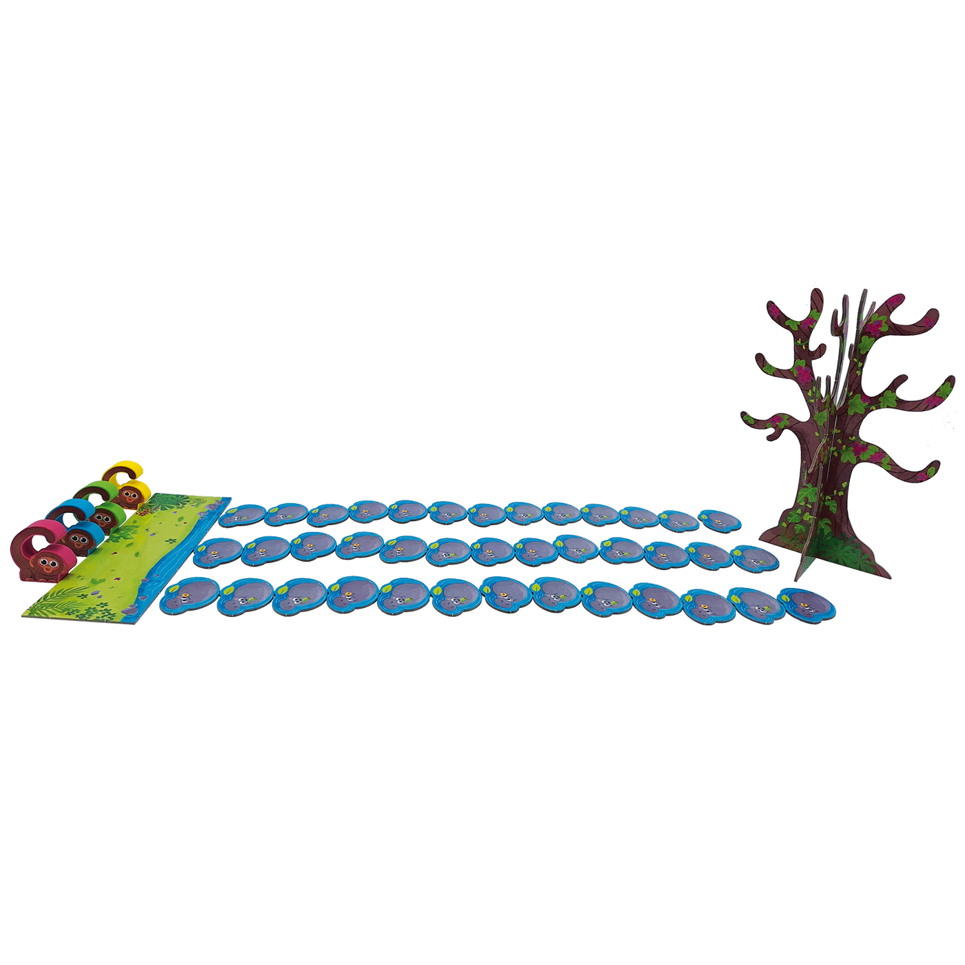 Une configuration de jeu de société avec des pièces et un arbre. Le jeu est sur une surface blanche.