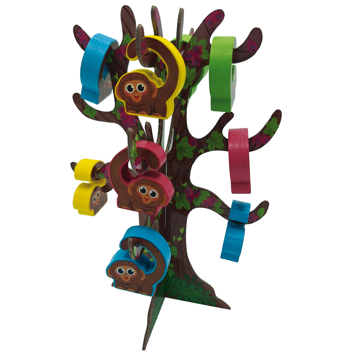 Jouet en bois avec des singes. Singes suspendus aux branches, design coloré.