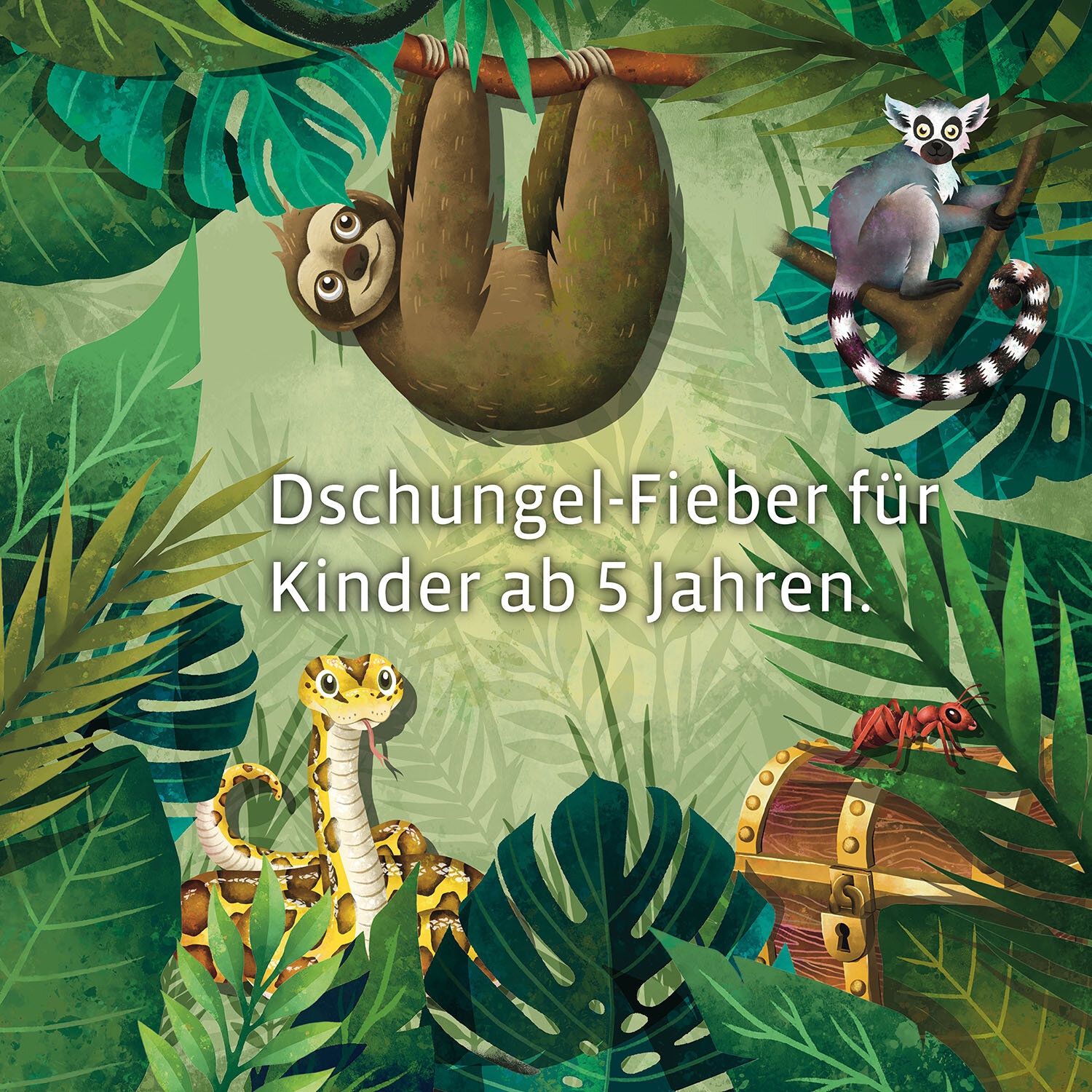 Illustrazione di una scena della giungla con animali, serpente, bradipo e lemure.