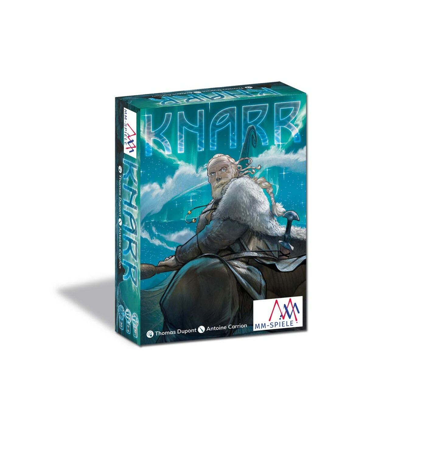 Spielbox für das Brettspiel Knarr. Die Box ist grün mit einer Illustration eines Mannes.