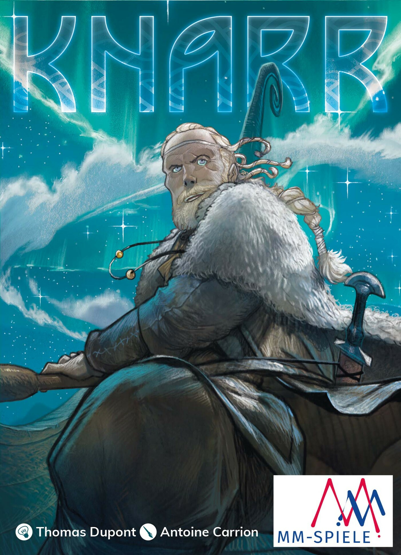 Spielbox-Cover mit einer kriegerischen Figur, dem Wort 'KNARR' in blauen Buchstaben und blauem Himmel.
