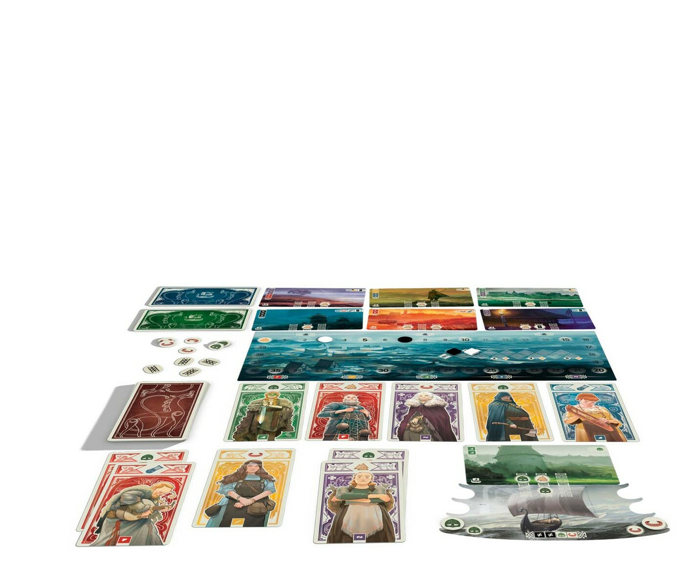 Brettspielkomponenten: Karten, Spielbrett mit Schiffen und Spielsteinen, auf weißem Untergrund.
