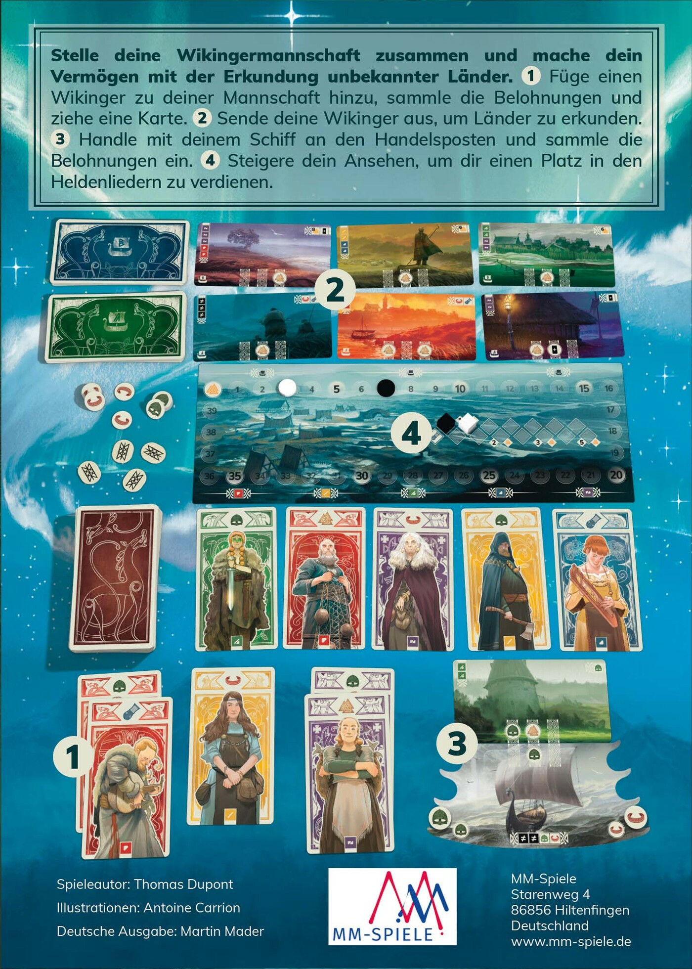 Brettspielbox mit Wikinger-Thema und bunten Spielkomponenten.