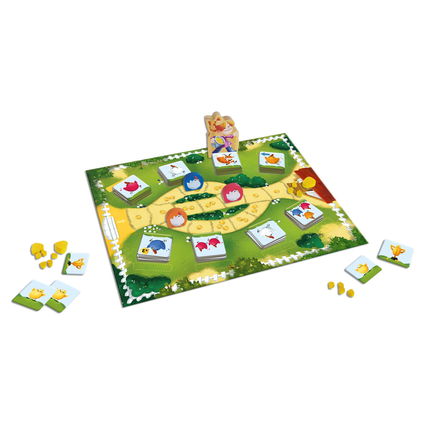 Jeu de société avec des illustrations colorées. Comprend un plateau, des cartes et des pions en bois.