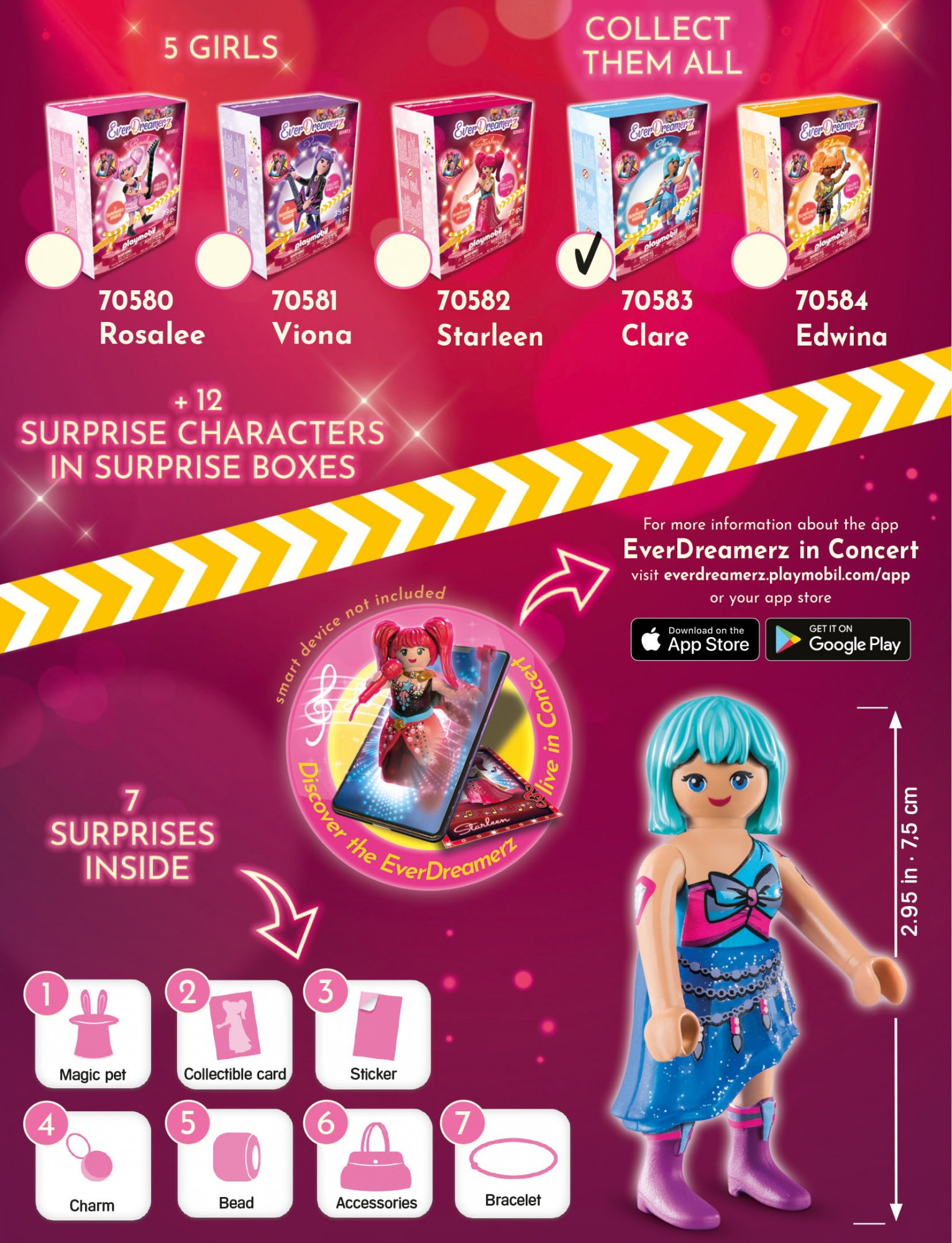 Bunte Werbung mit Spielzeugboxen und einer Puppe. Enthält eine Puppe mit blauem Kleid und Text.