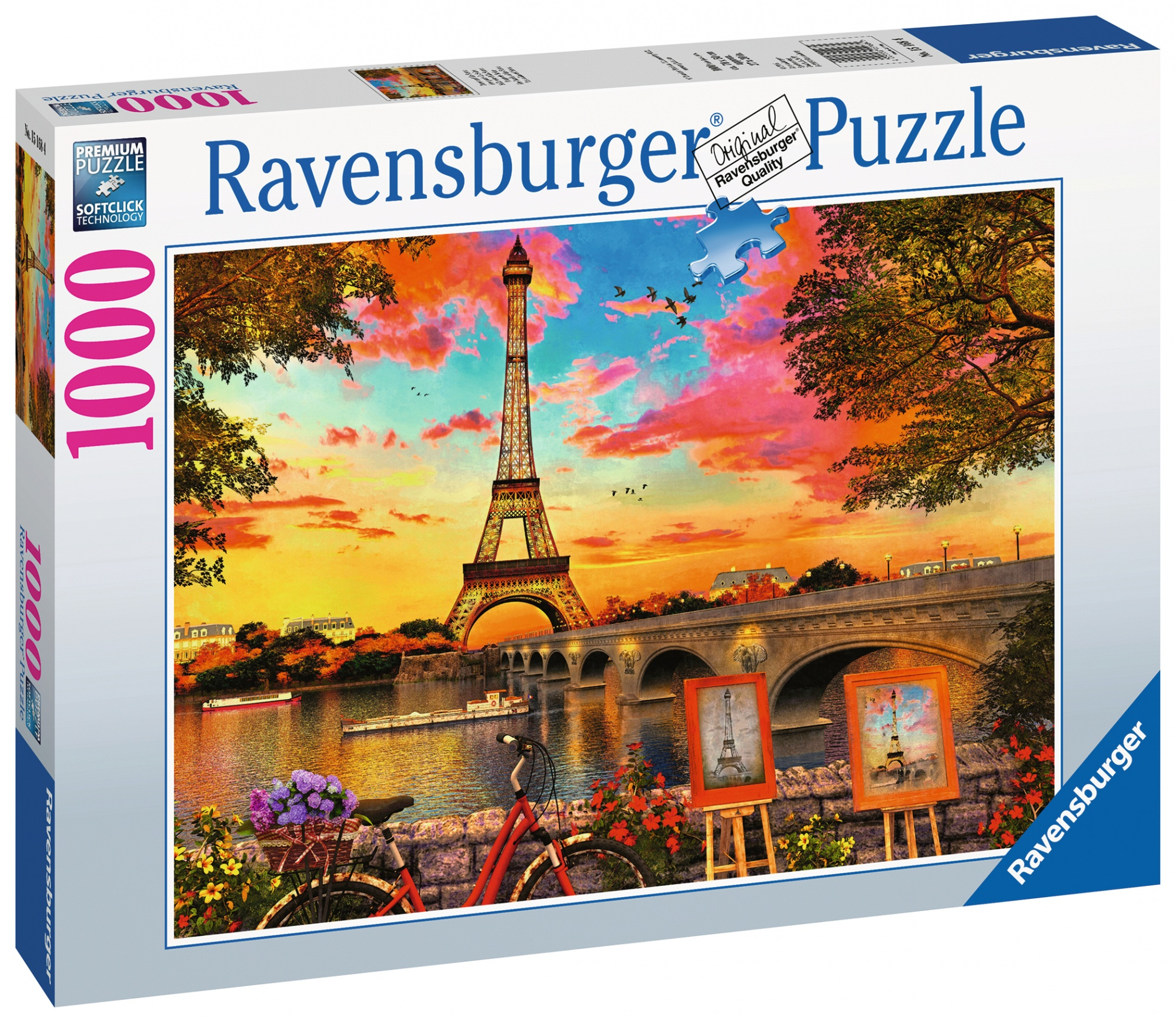 Puzzleschachtel vom Eiffelturm in Paris bei Sonnenuntergang mit Fluss und Brücke.