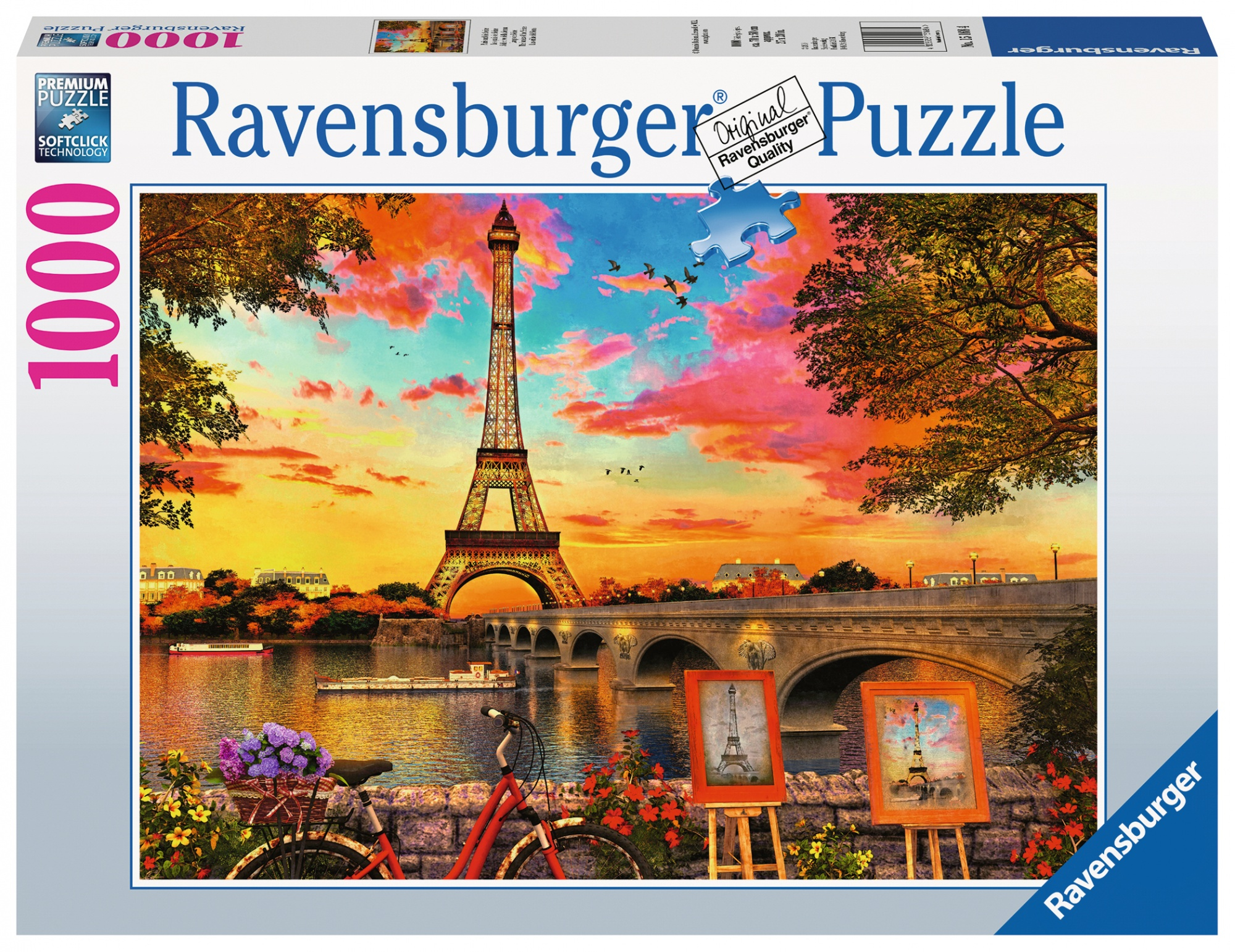 Ravensburger Puzzle-Box mit Eiffelturm-Motiv. Zeigt Sonnenuntergang, Fluss, Brücke und Kunst.