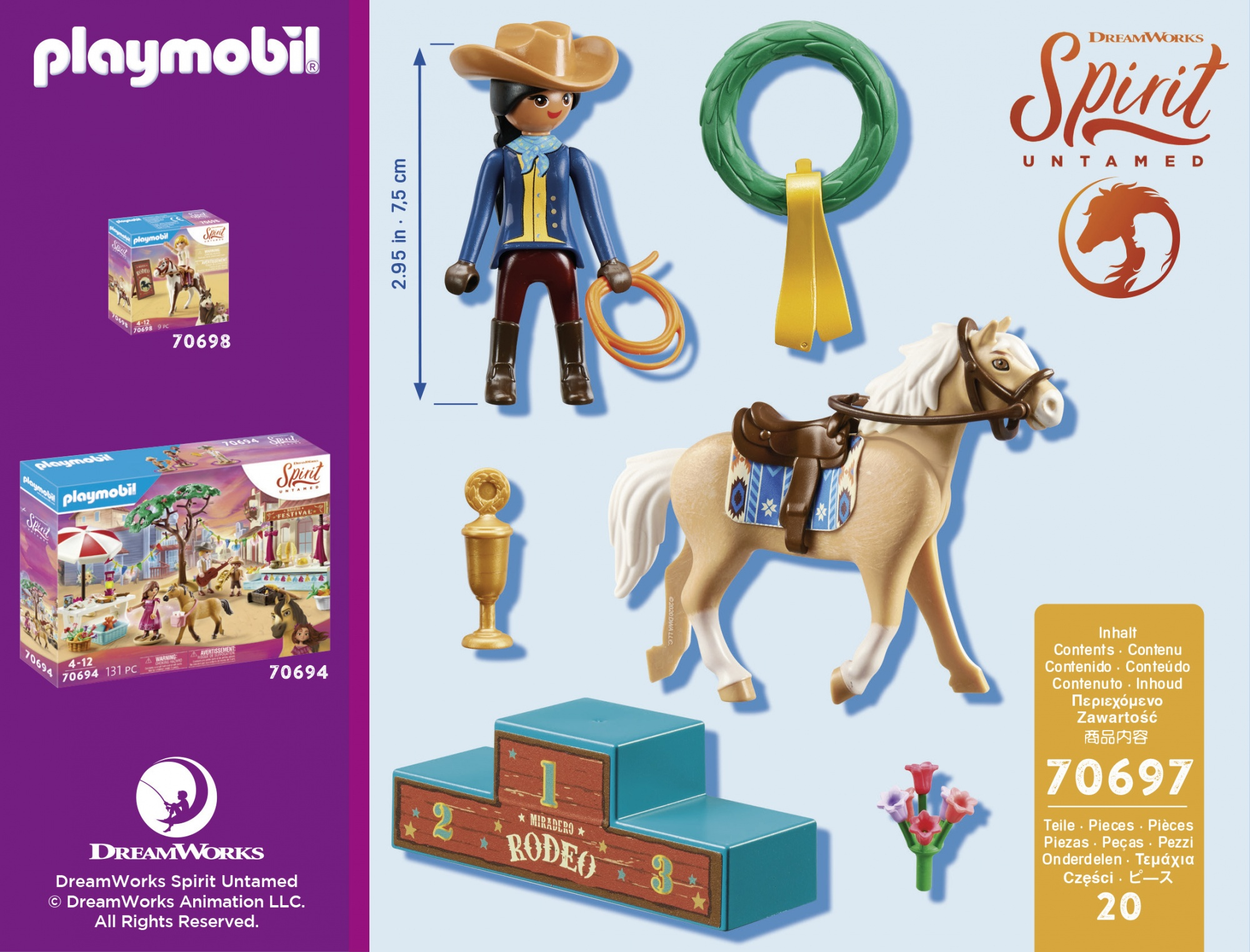 Playmobil-Set mit Pferd, Cowboy, Trophäe und Rodeo-Podium. Die Box ist ebenfalls sichtbar.