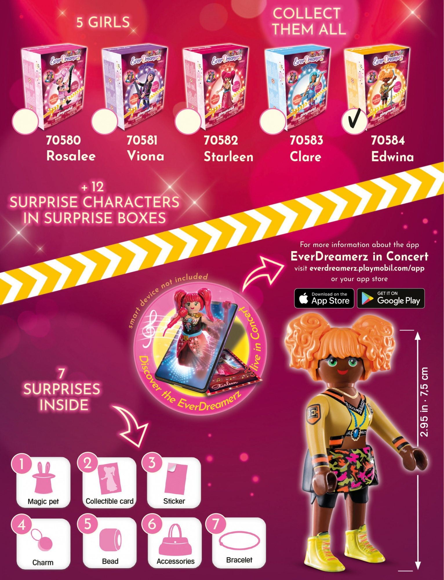 Un'immagine promozionale con personaggi giocattolo in scatole, una bambola e testo sul giocattolo e l'app.