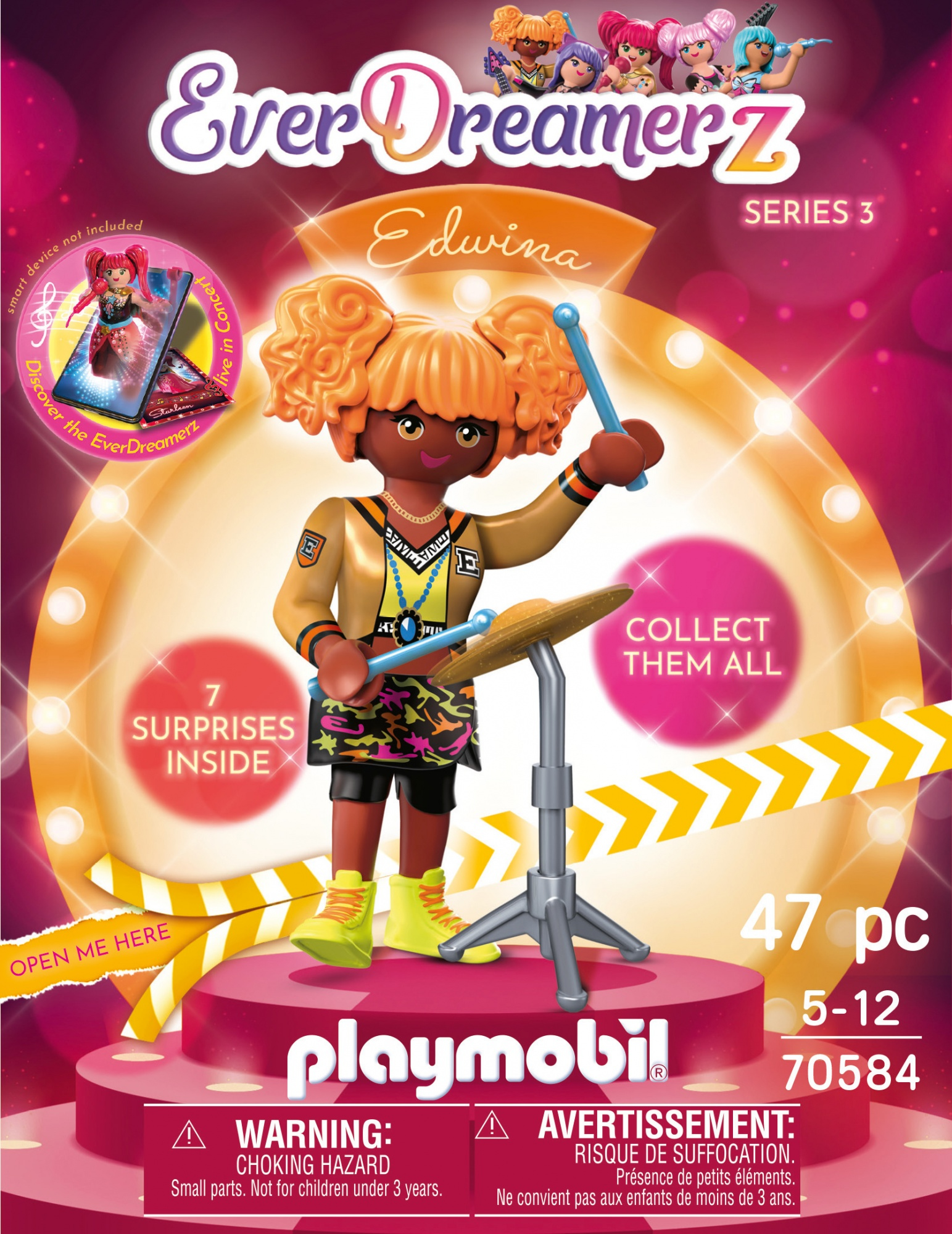 Scatola Playmobil EverDreamerz Serie 3. Una bambola suona la batteria sul palco. Colori vivaci.