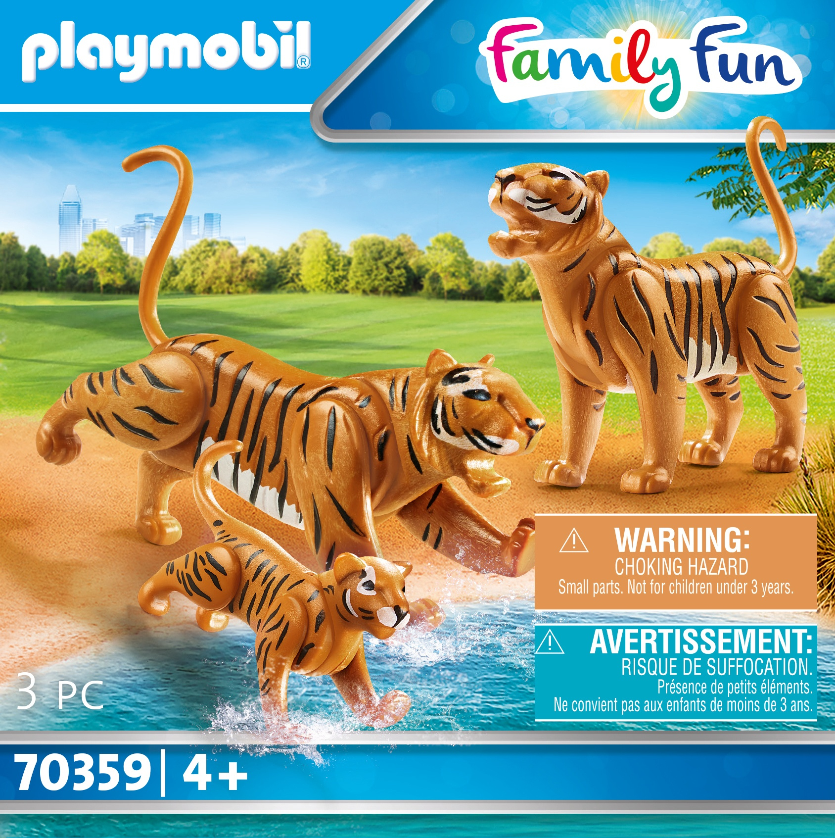 Zabawki z rodziny tygrysów Playmobil. Trzy pomarańczowe tygrysy.