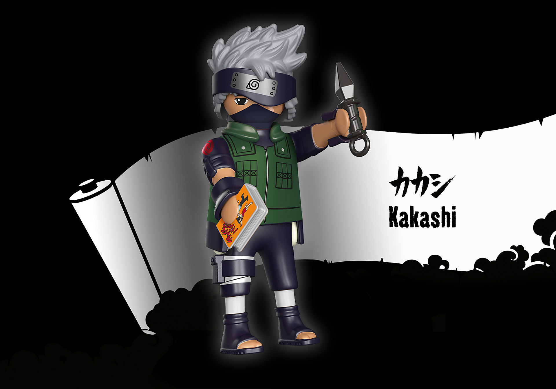 Figurka Naruto Kakashi trzymająca kunai i książkę na czarnym tle z japońskim tekstem.