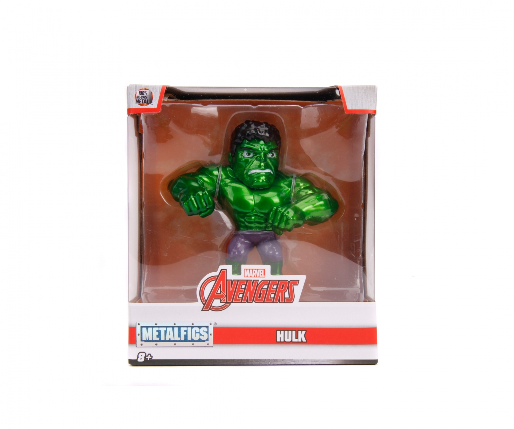 Se muestra una figura de acción de Hulk en una caja. La caja tiene el logo de Marvel Avengers.
