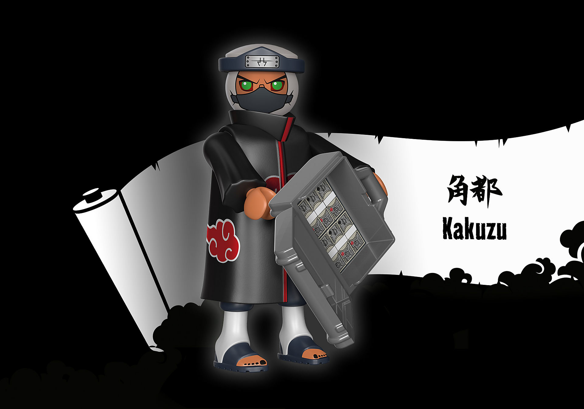Figur in Akatsuki-Robe und Maske hält Waffe, Text Kakuzu. Schwarzer Hintergrund mit Schriftrolle.