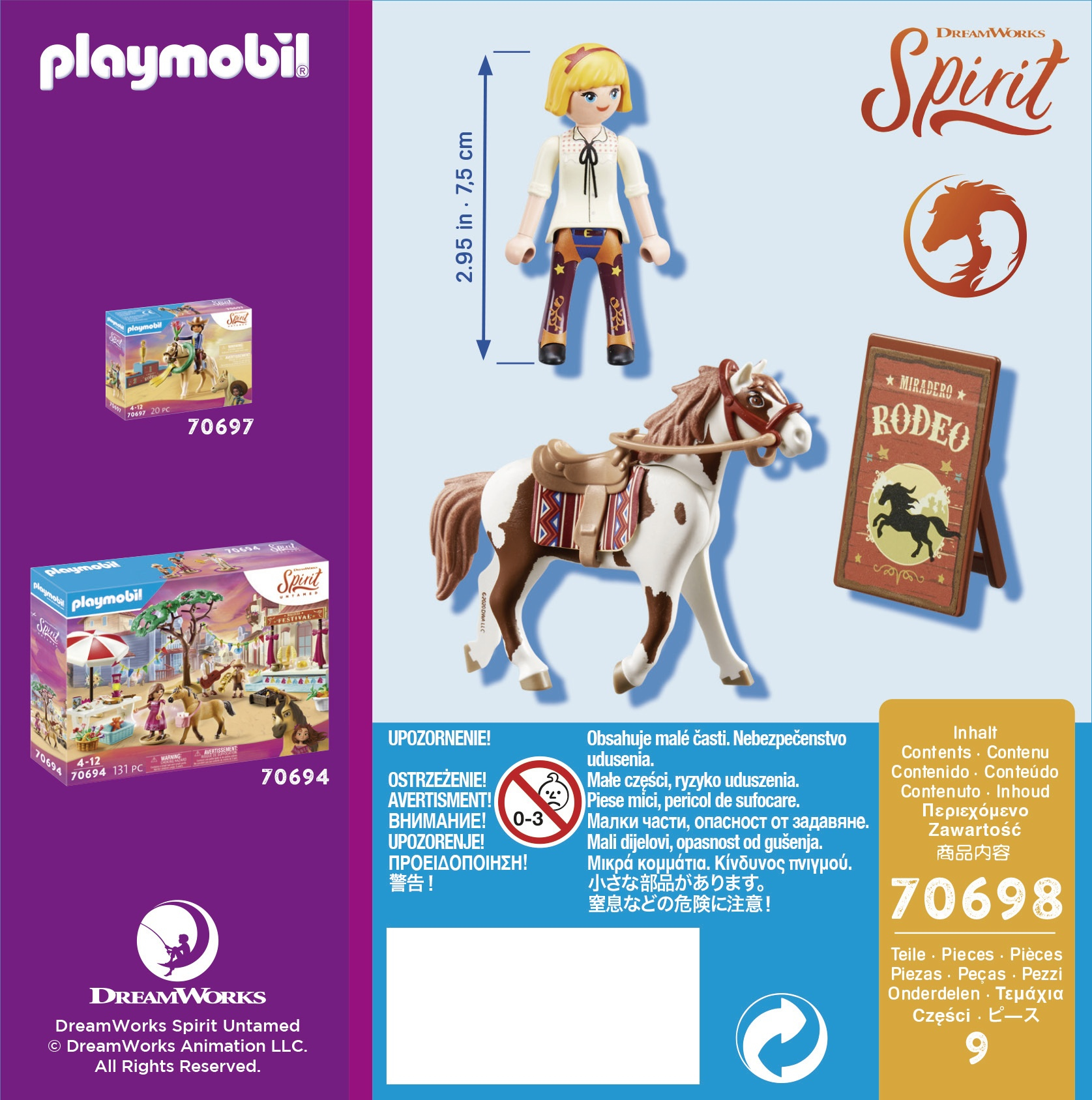 Playmobil DreamWorks Spirit-Set mit Pferd, Figur und Zubehör, mit Warnhinweisen und Produktdetails.