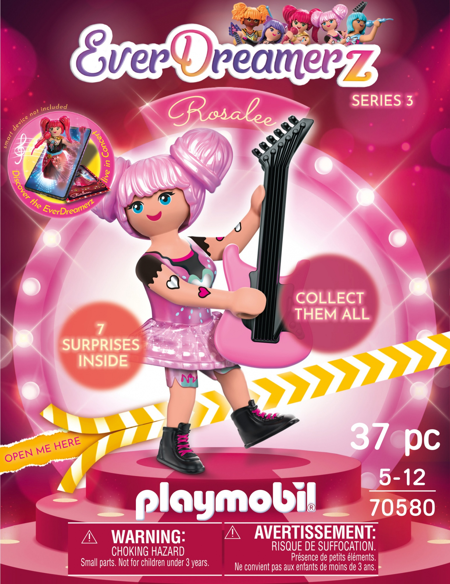 Playmobil EverDreamerz box with a doll and a guitar. Pink and white background.