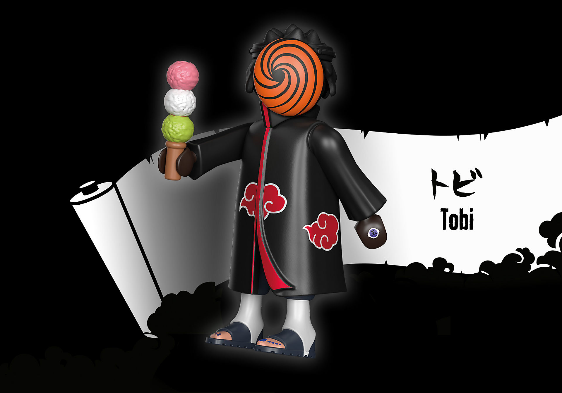 Eine Playmobil-Figur von Tobi aus Naruto, die Eis hält. Der Hintergrund ist schwarz mit einer Schriftrolle.