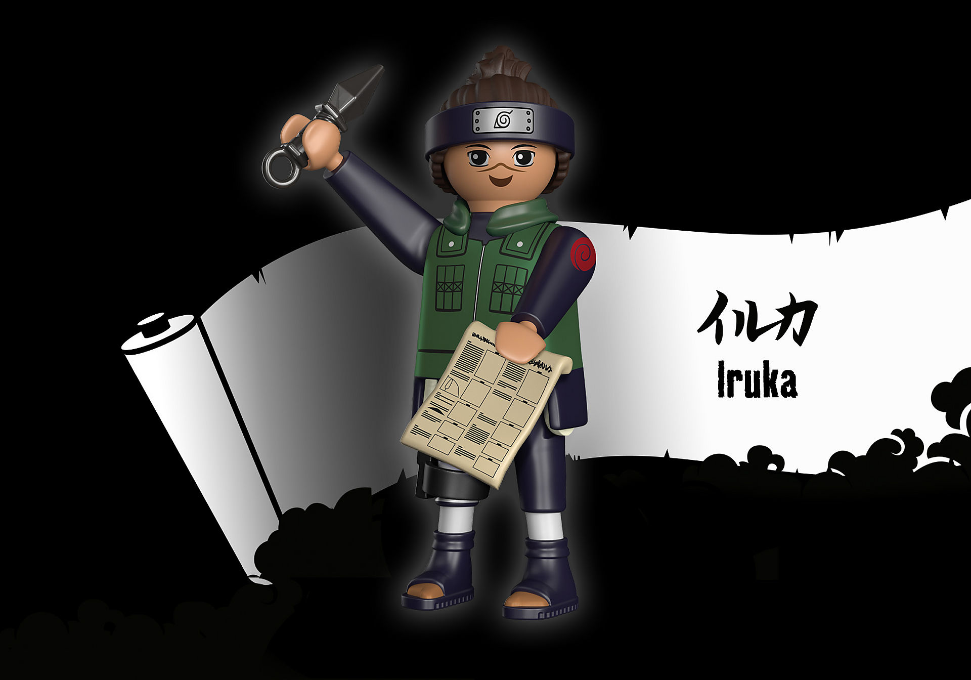Personaggio Playmobil di un ninja. Abito nero e verde. Sfondo con testo giapponese.